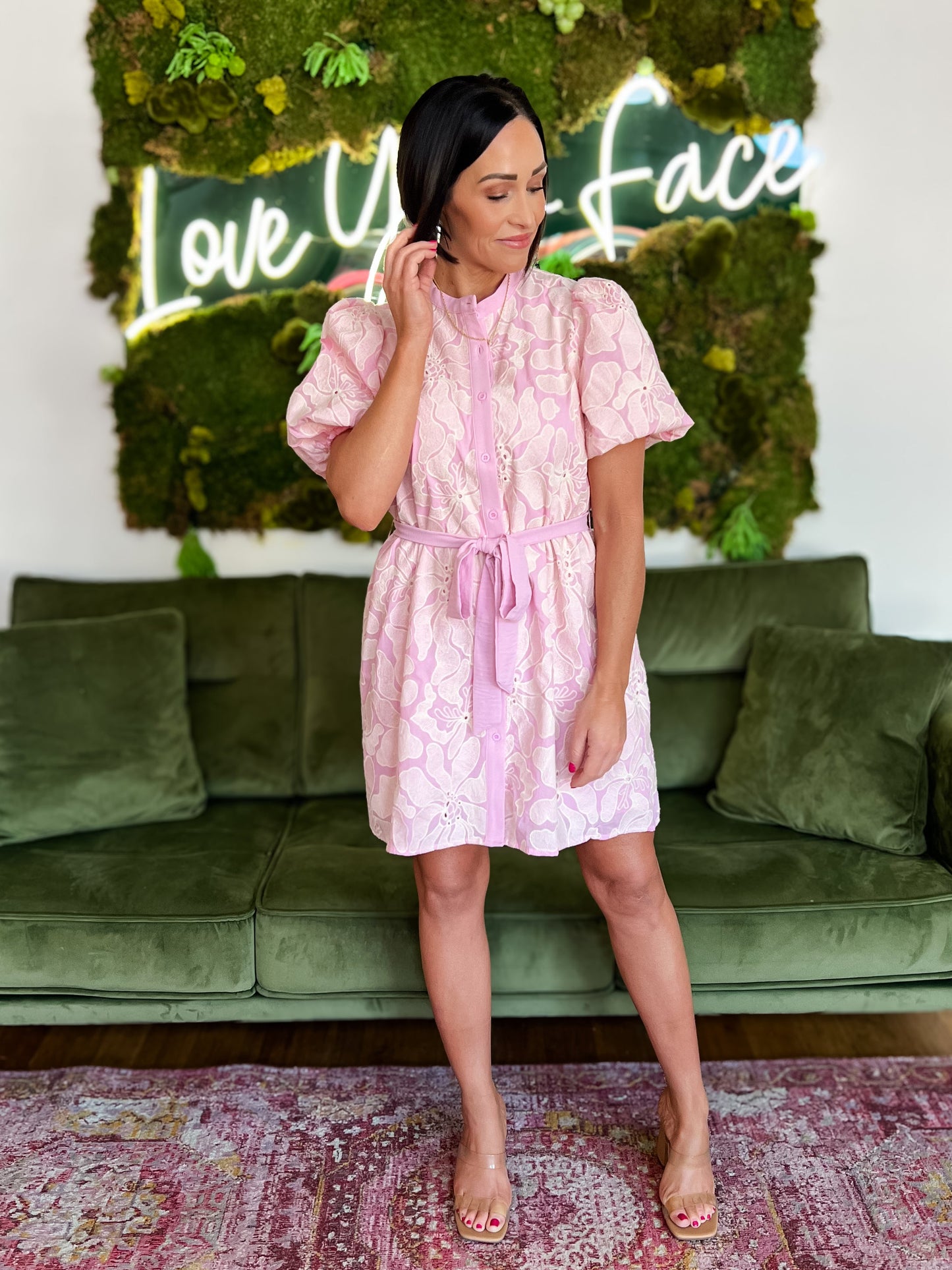 Pink Floral Eyelet Pattern Button Front Mini Dress