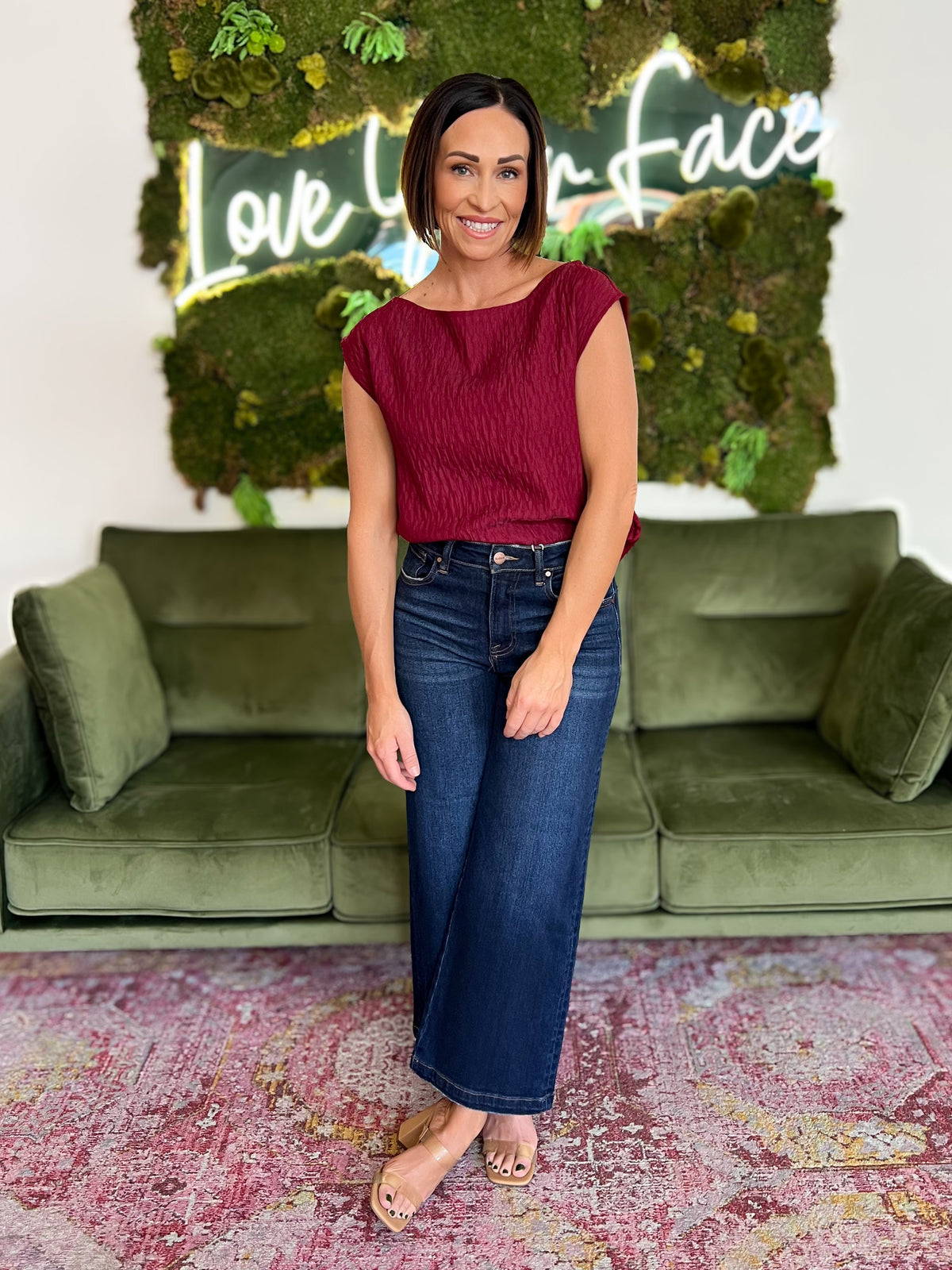 Burgundy Textured Satin Boatneck Blouse
