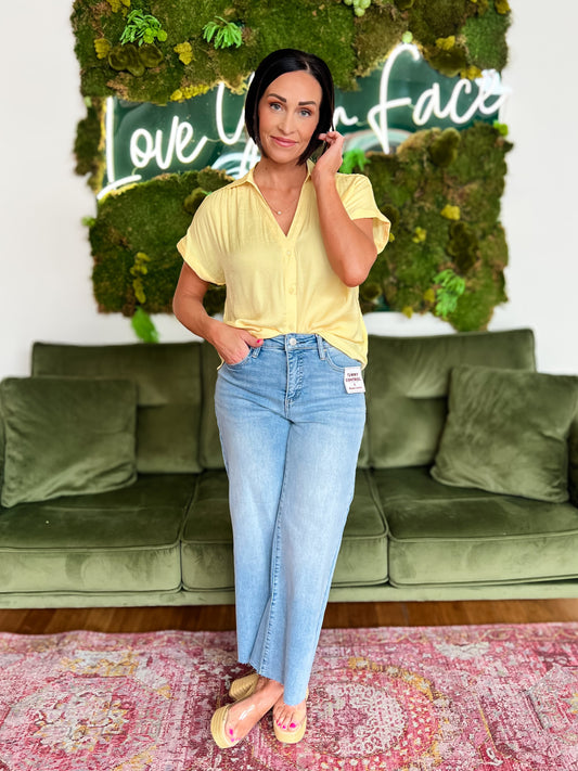 Pale Yellow Short Sleeve Button Down Blouse