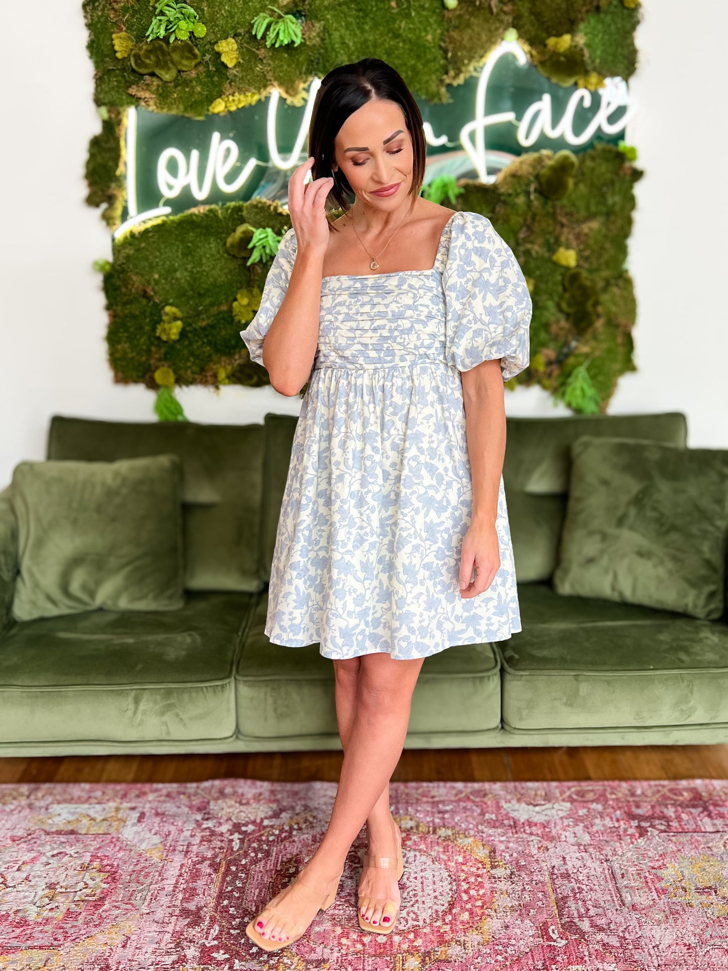 Light Blue Floral Pleated Mini Baby Doll Dress