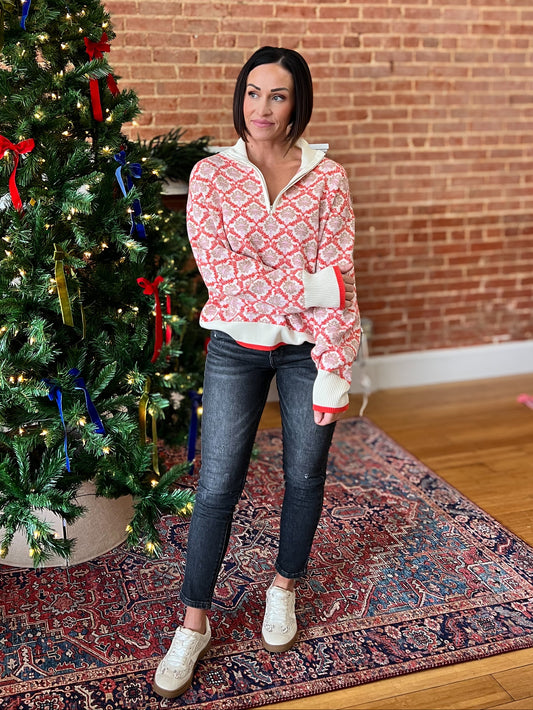 Cream Orange Multi Floral Half Zip Sweater