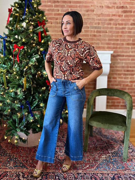 Brown Multi Paisley Pattern Short Sleeve Sweater