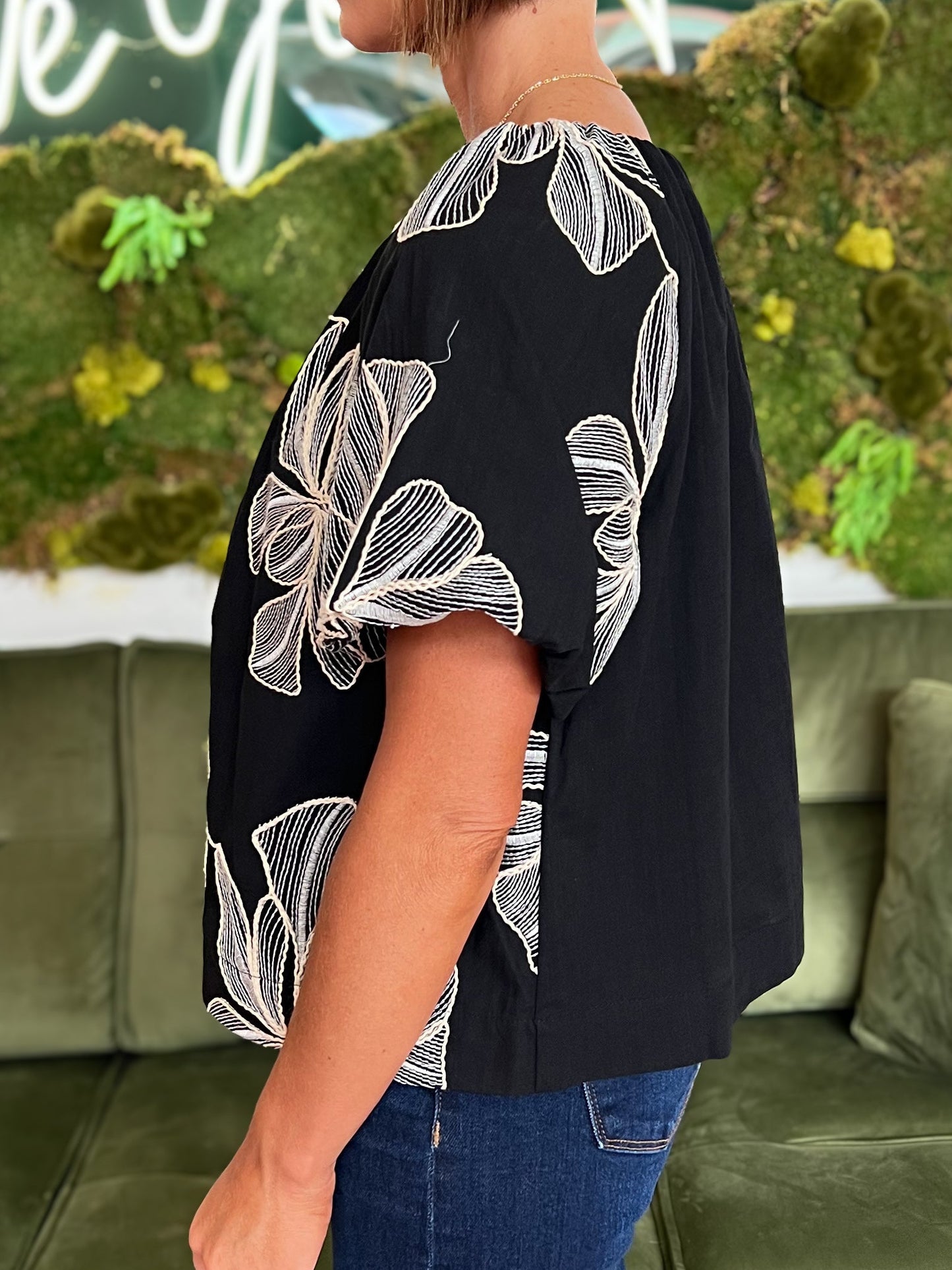 Black Floral Embroidery Puff Sleeve Top
