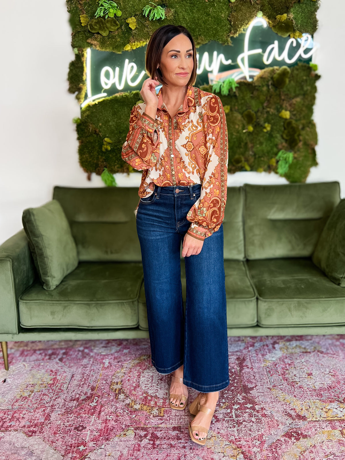 Ivory/ Rust Print Long Sleeve Blouse