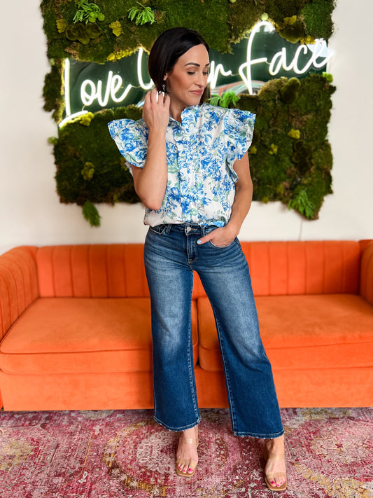 Button Down Ruffle Detail Floral Blouse