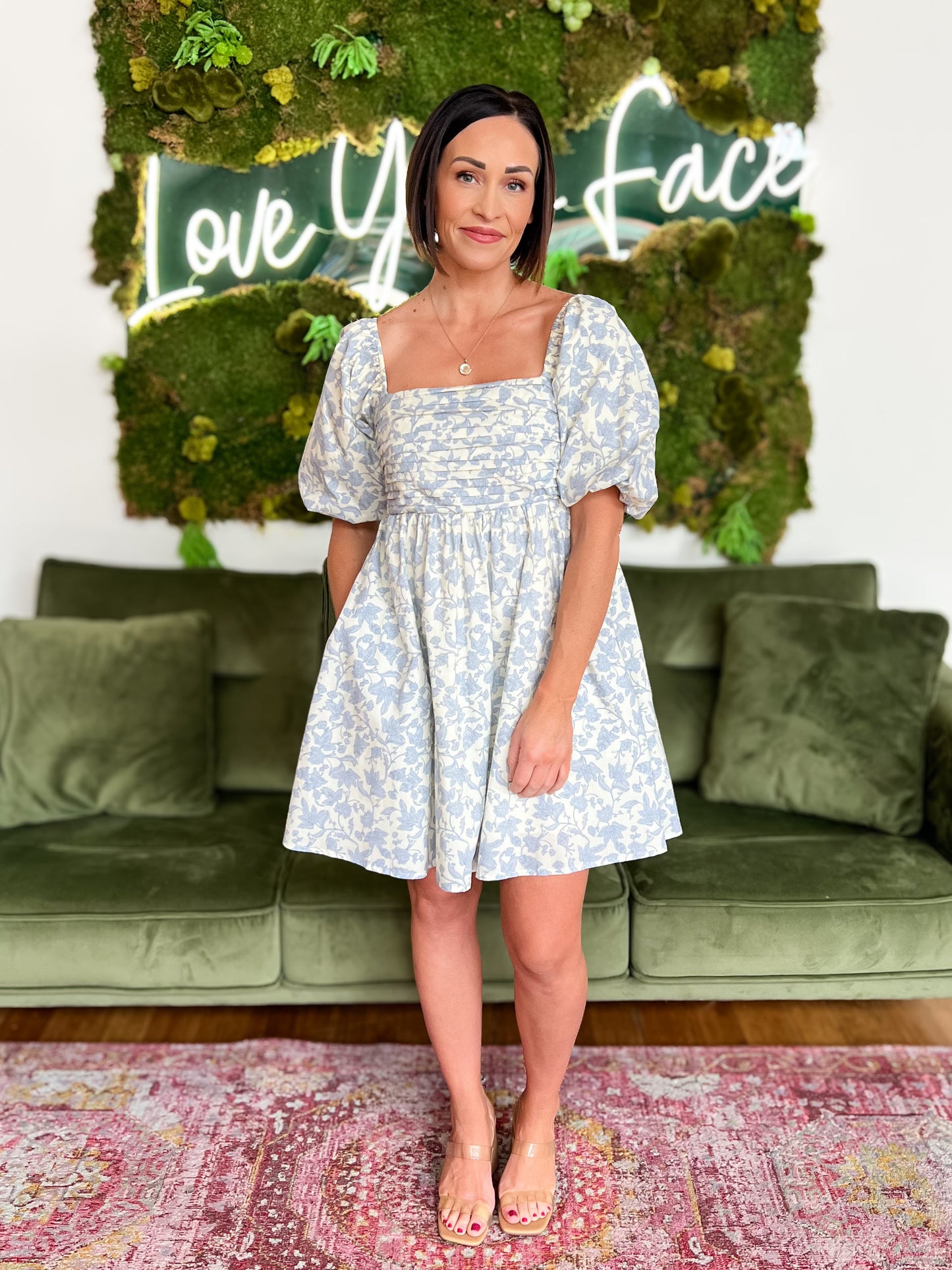 Light Blue Floral Pleated Mini Baby Doll Dress