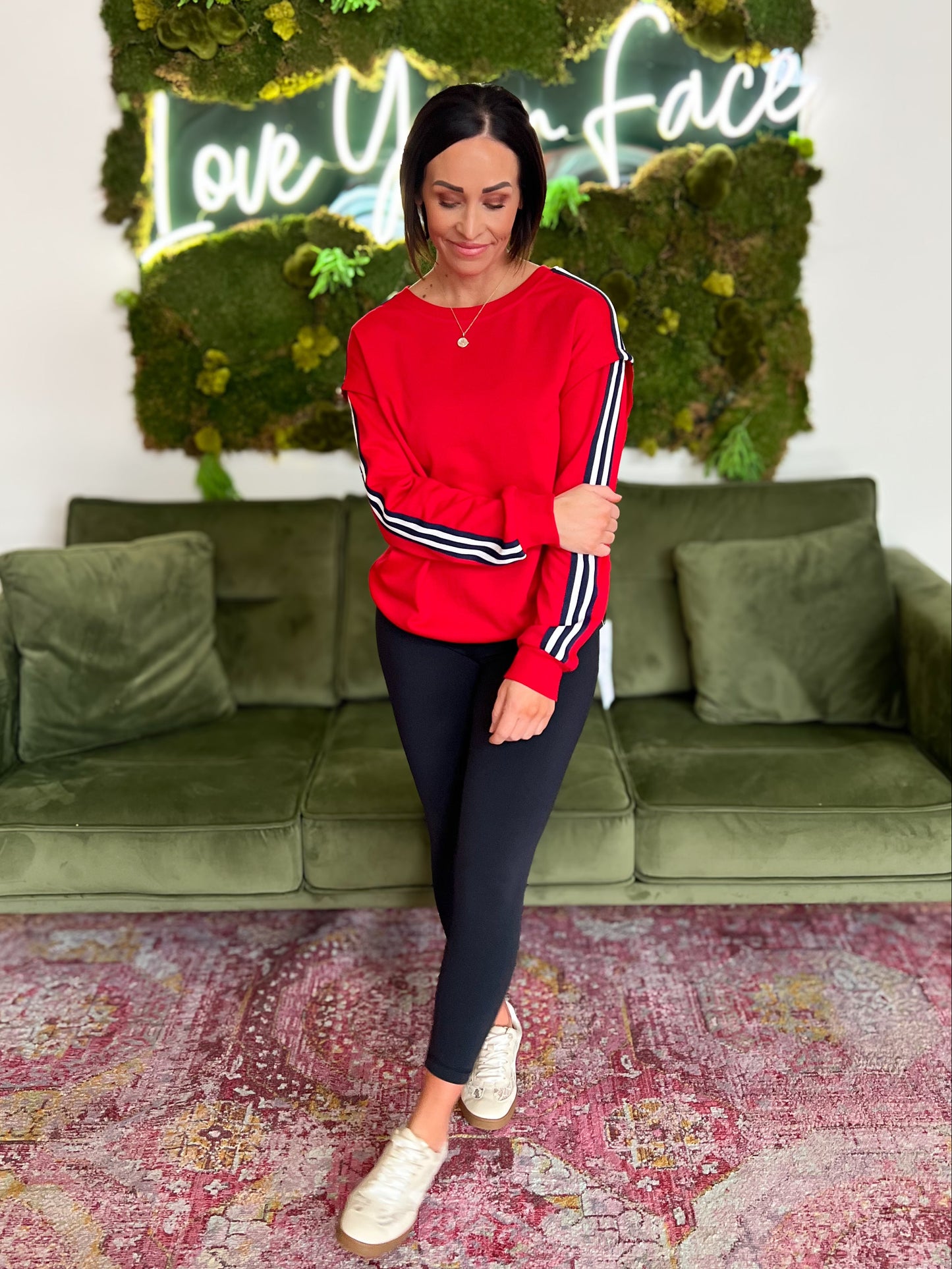 Red Striped Trim Crewneck Sweatshirt