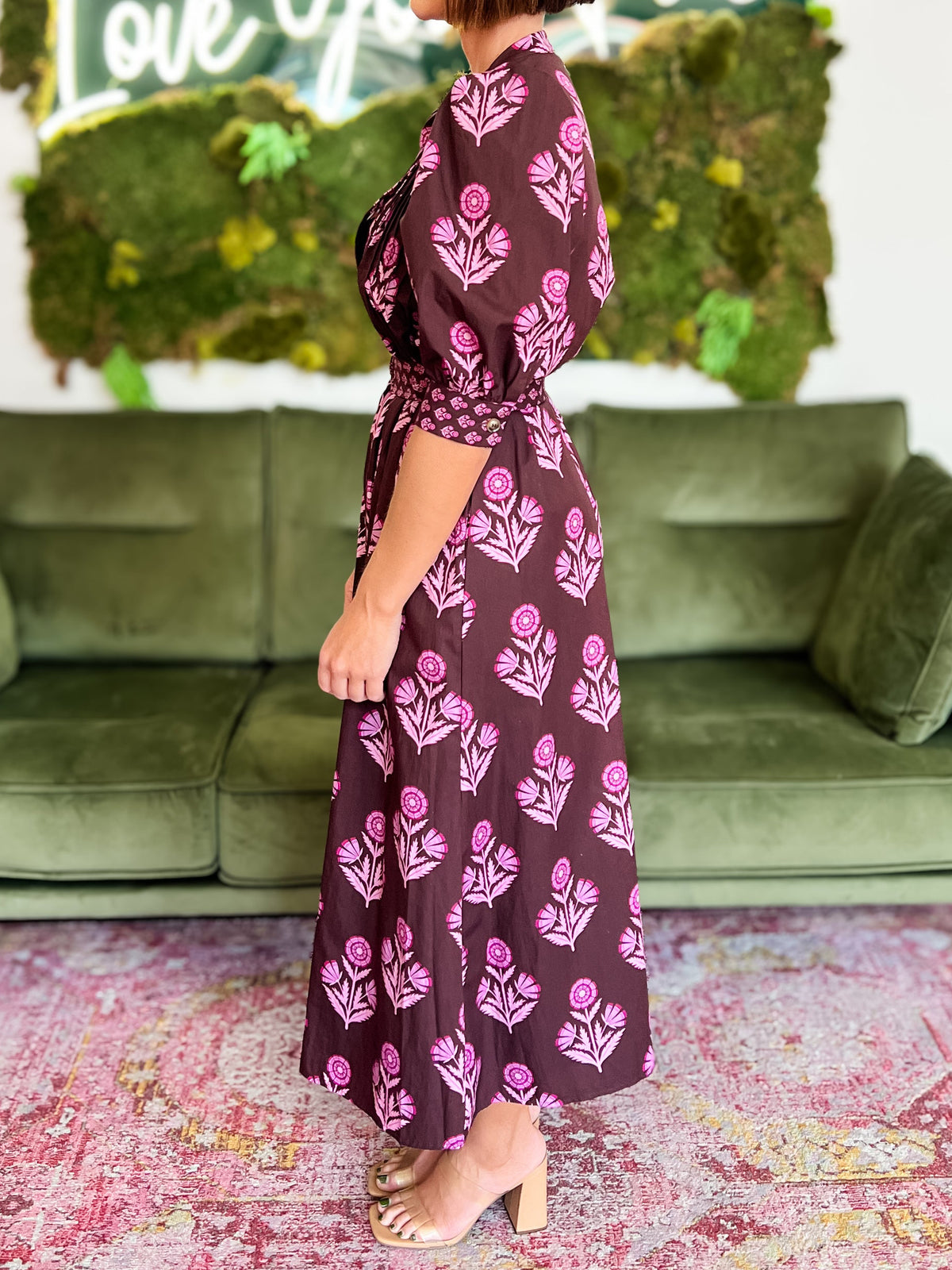 Chocolate Floral Print Belted Midi Dress