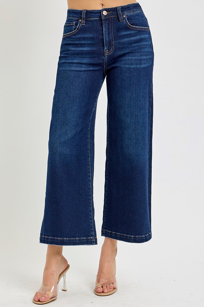 Dark Wash High Rise Cropped Wide Leg Jeans