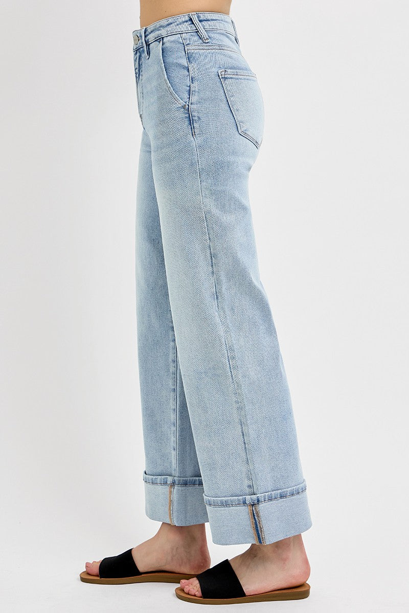 Light Wash High Rise Ankle Wide Cuffed Jeans