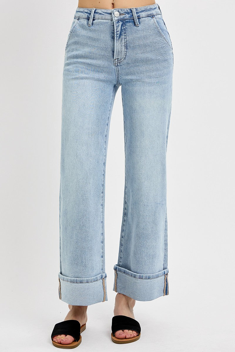 Light Wash High Rise Ankle Wide Cuffed Jeans