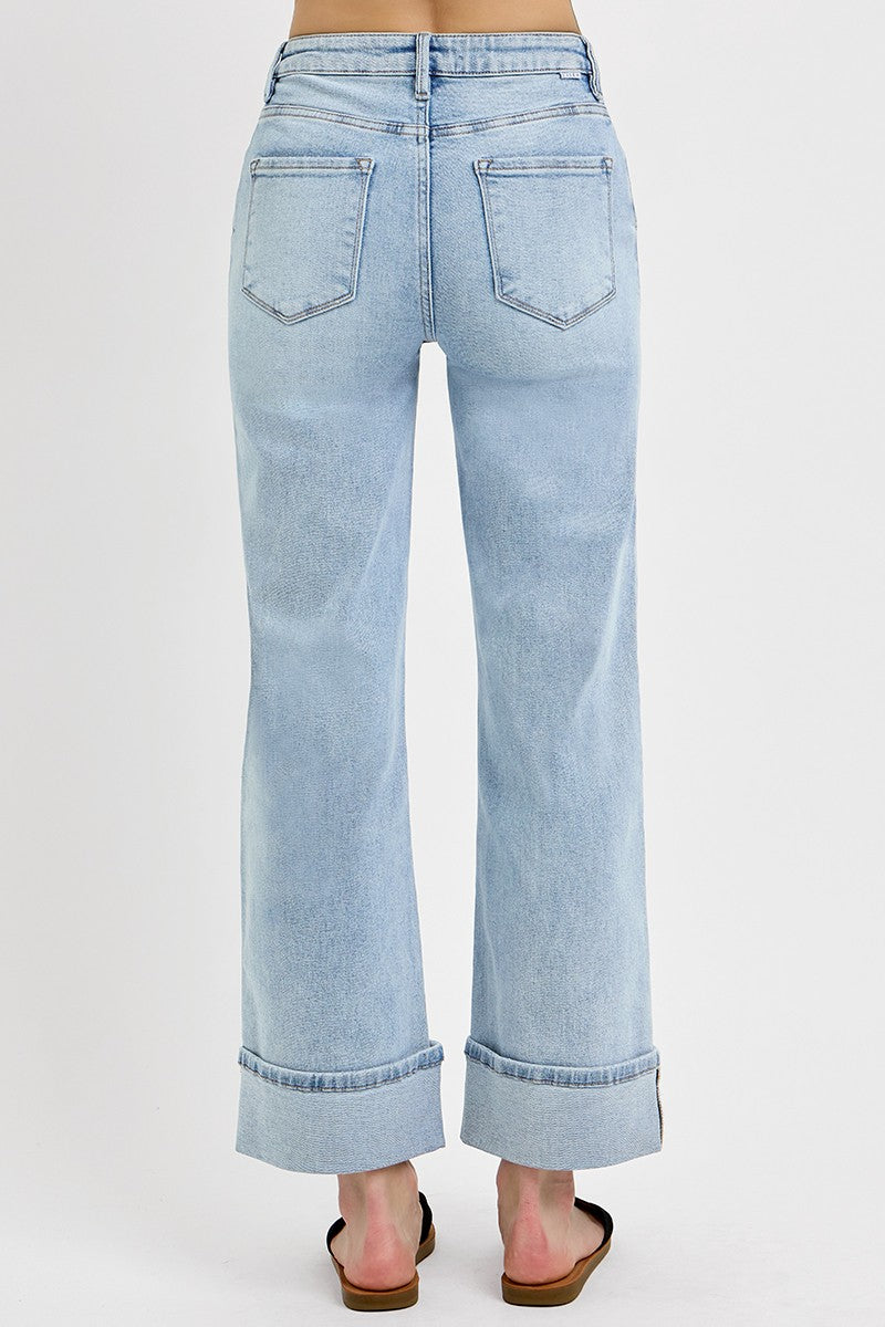 Light Wash High Rise Ankle Wide Cuffed Jeans
