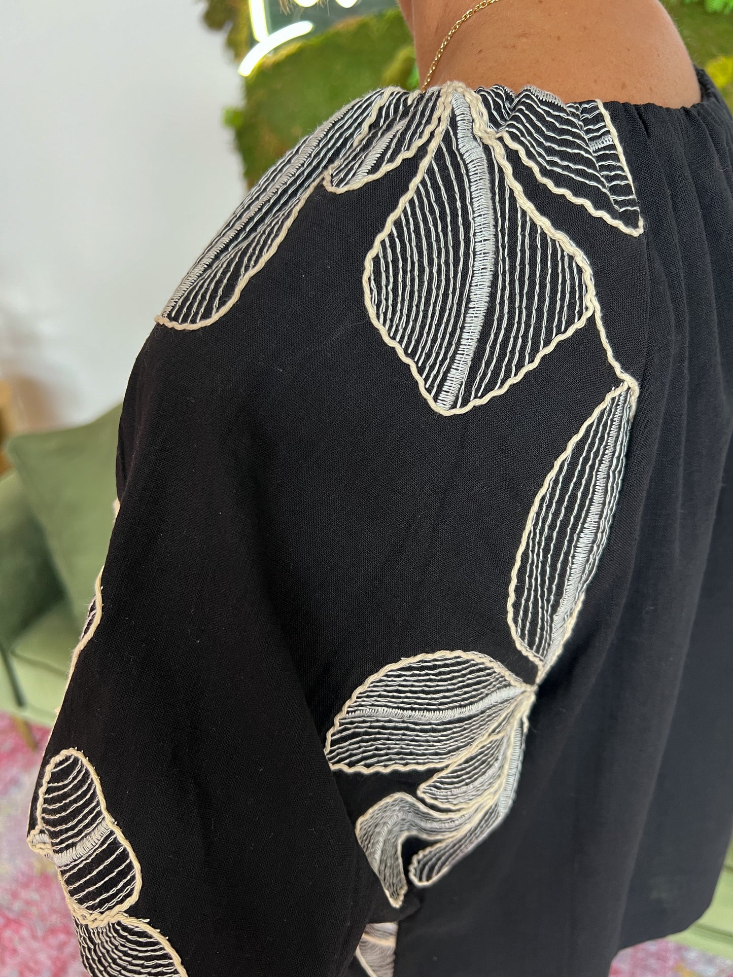 Black Floral Embroidery Puff Sleeve Top