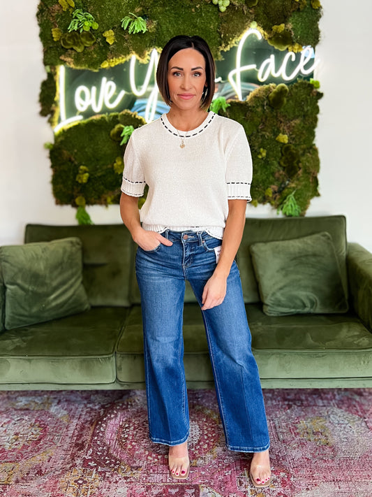 White Short Sleeve Contrast Stitch Sweater