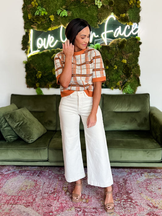 Cream/ Orange Plaid Short Sleeve Sweater