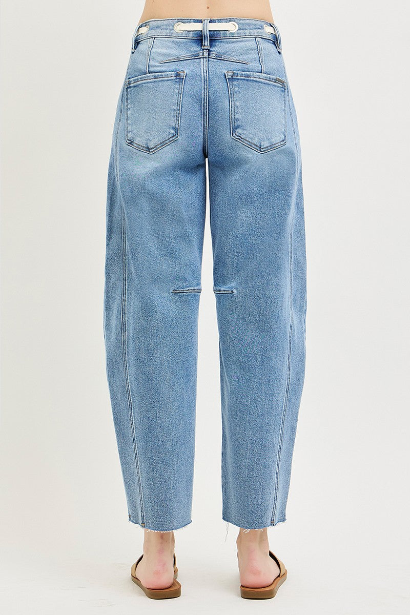 Light Wash Slouchy Ankle Barrel Jeans with Drawstring