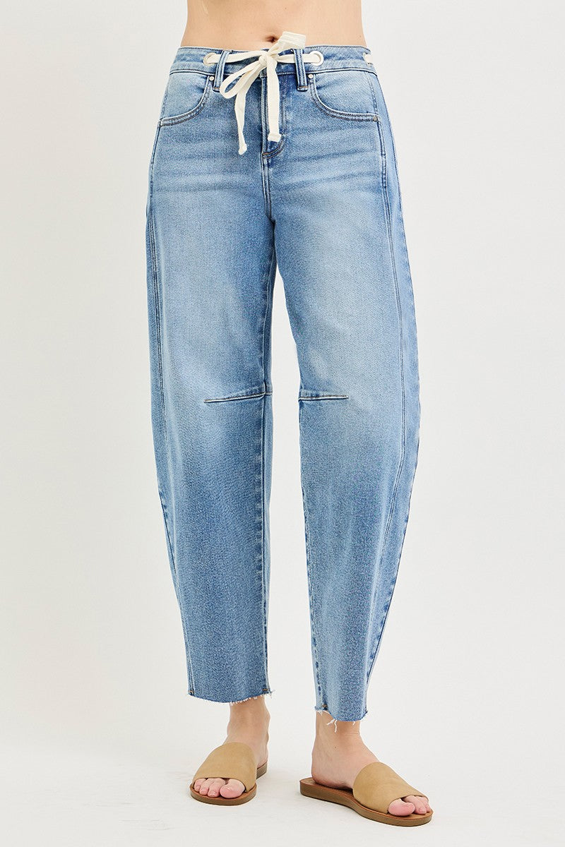 Light Wash Slouchy Ankle Barrel Jeans with Drawstring