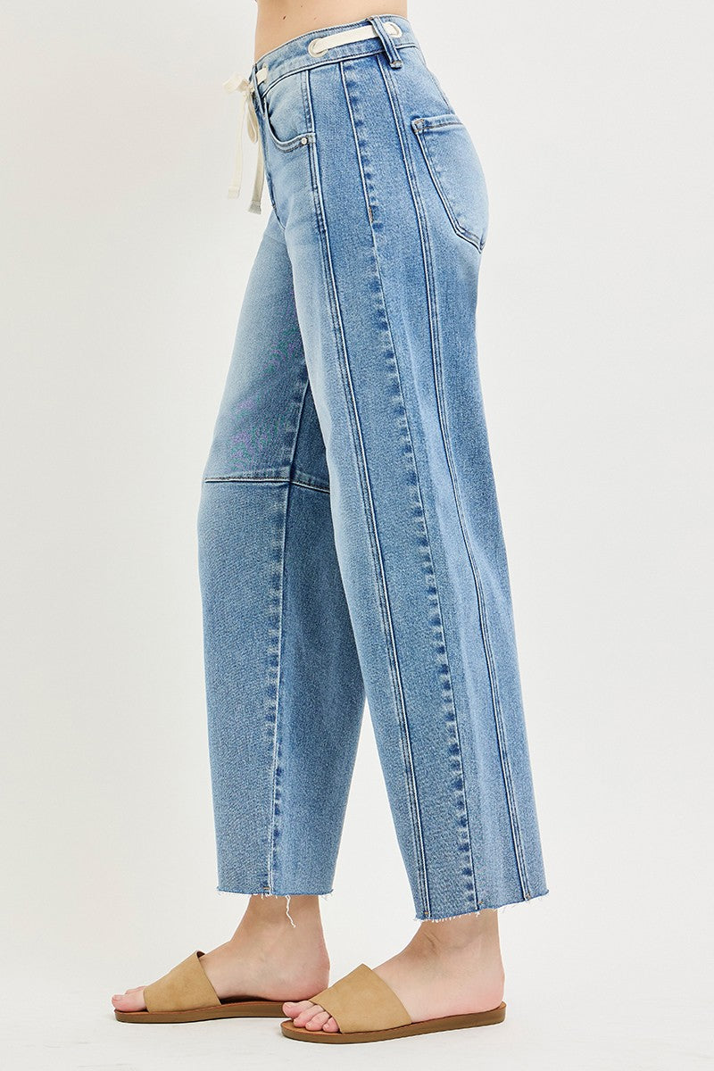 Light Wash Slouchy Ankle Barrel Jeans with Drawstring