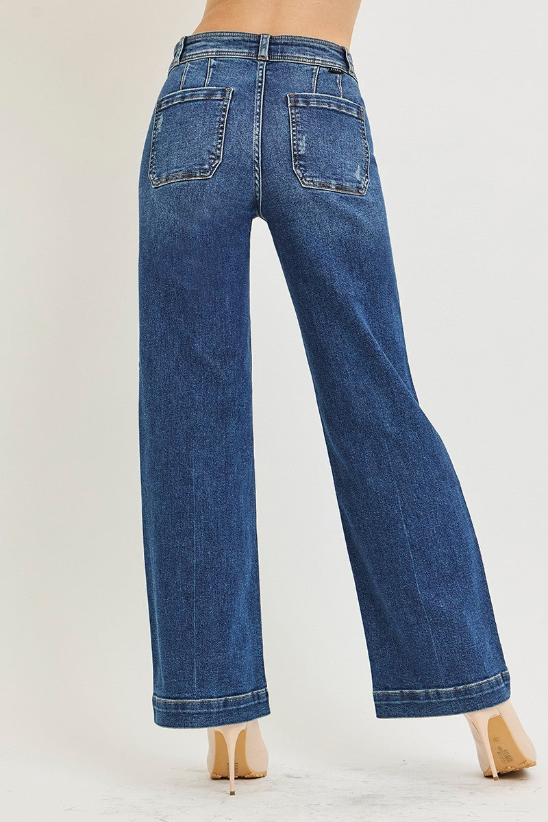 High Rise Ankle Straight Jeans w/ Front Welt Pockets