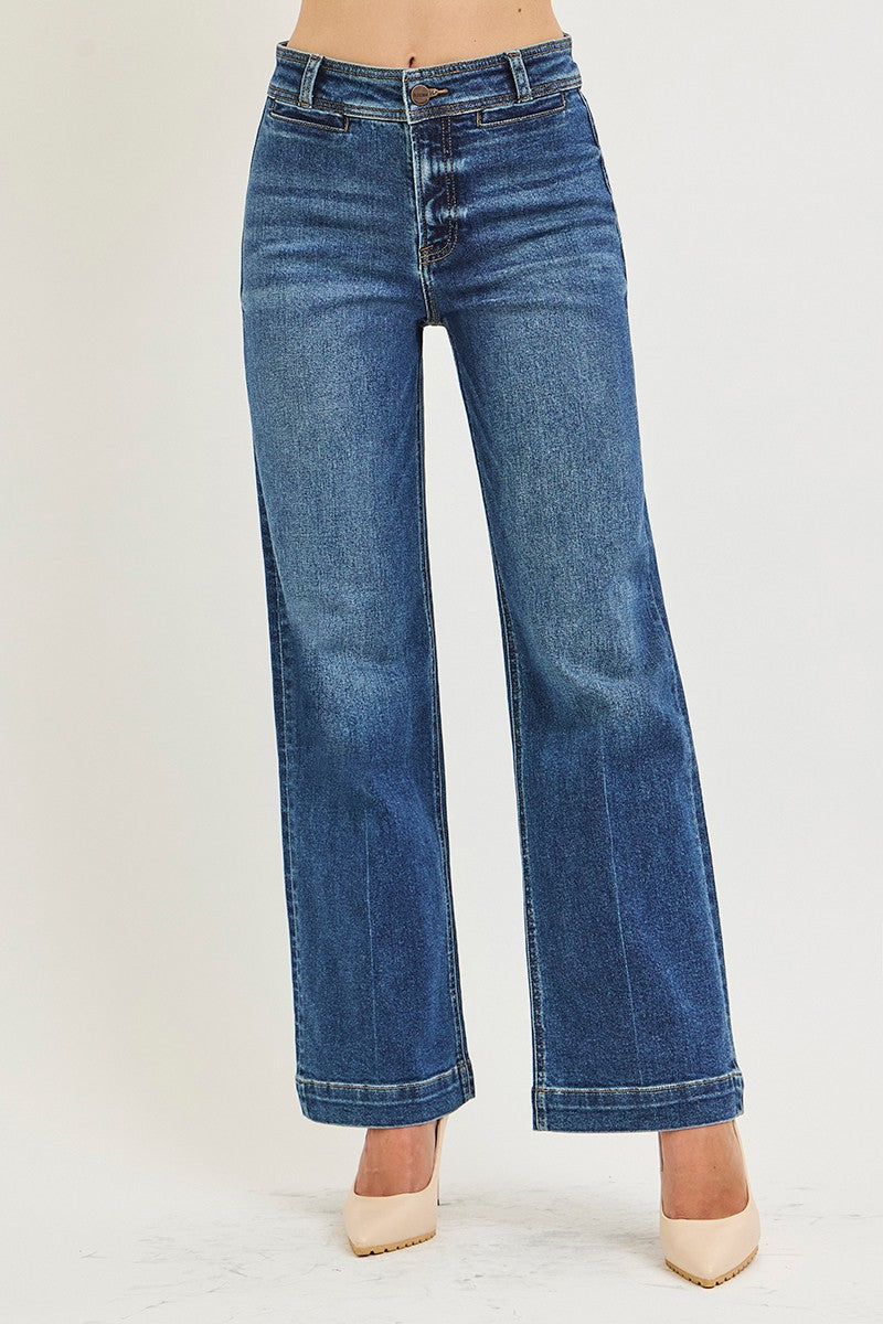 High Rise Ankle Straight Jeans w/ Front Welt Pockets
