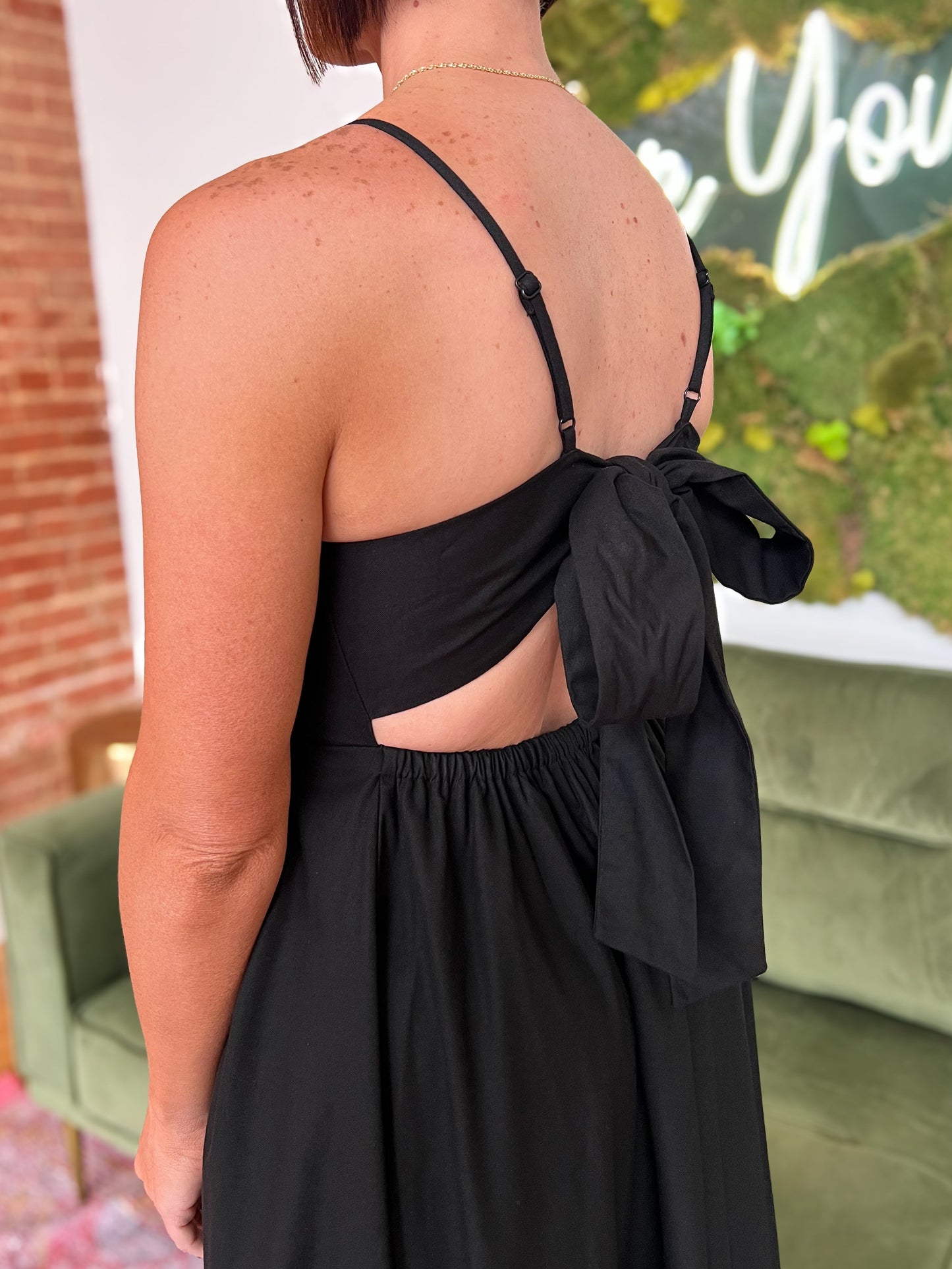 Black Linen Tie Back Flare Midi Dress