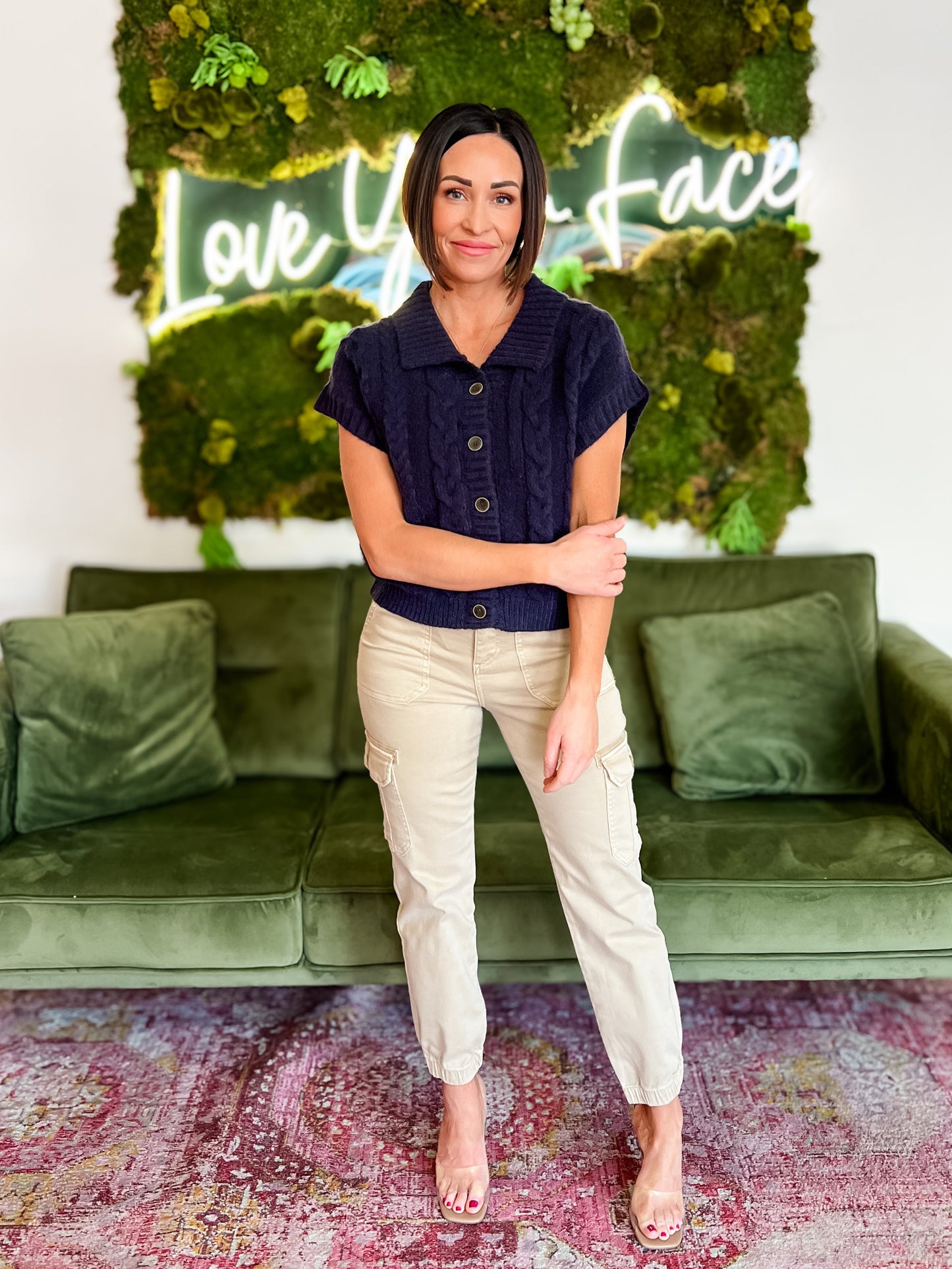 Navy Cable Knit Button-Up Sweater