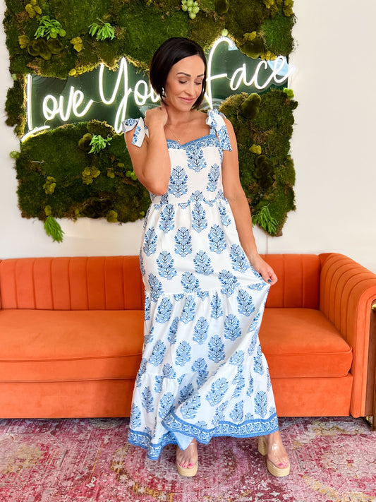 Blue Print Shoulder Tie Maxi Dress