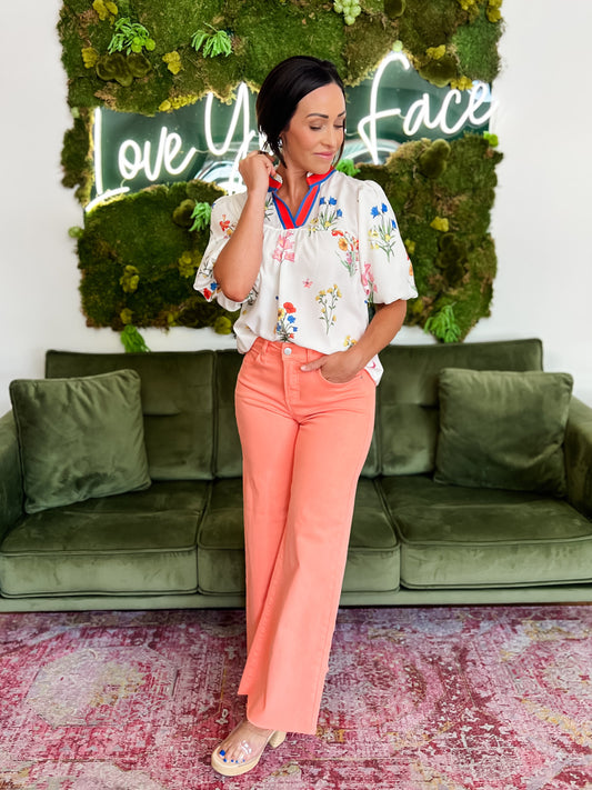 Ivory Floral Print V Neck Blouse