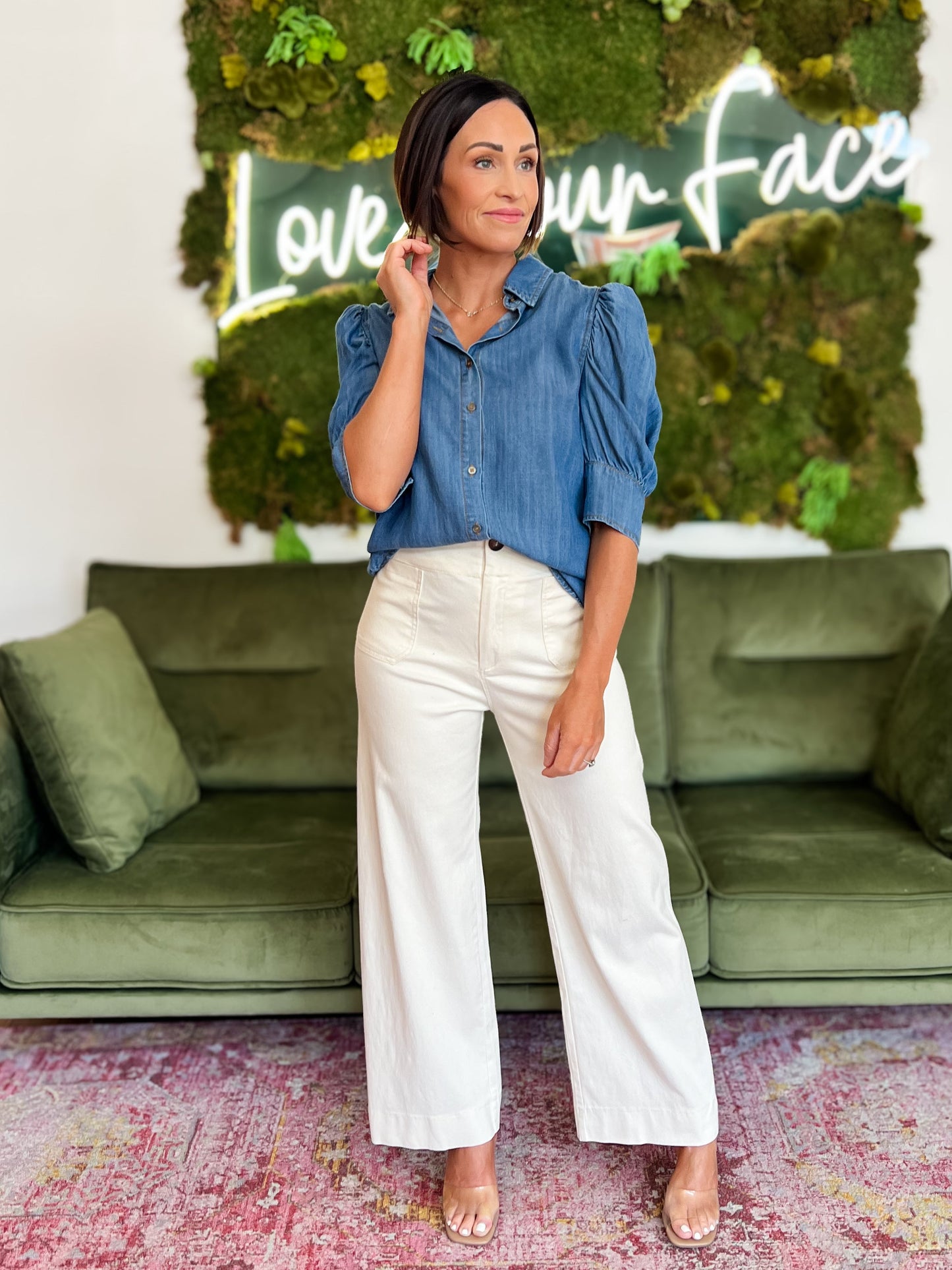 Chambray Puff Sleeve Button Down Top