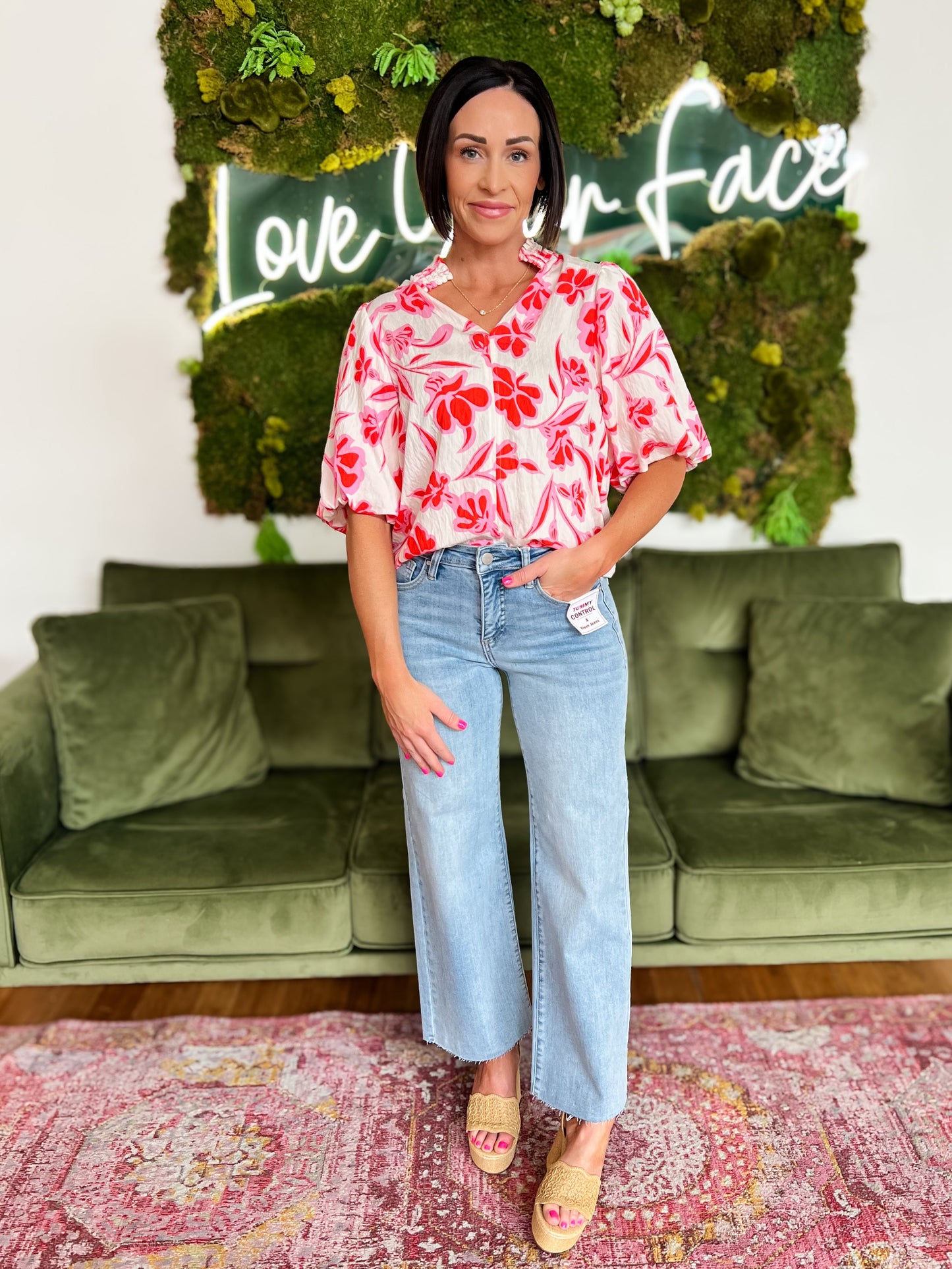 Pink Floral Print Puff Sleeve Top