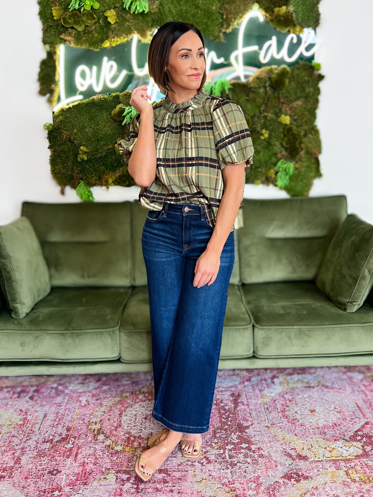 Olive Plaid Ruffle Neck Top