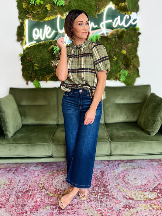 Olive Plaid Ruffle Neck Top