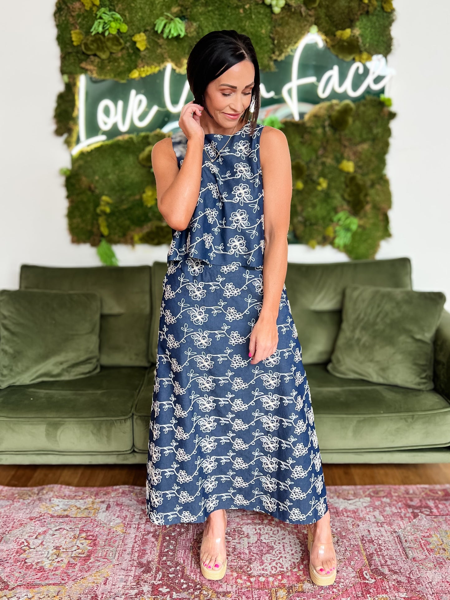 Indigo Embroidered Top & Skirt Set
