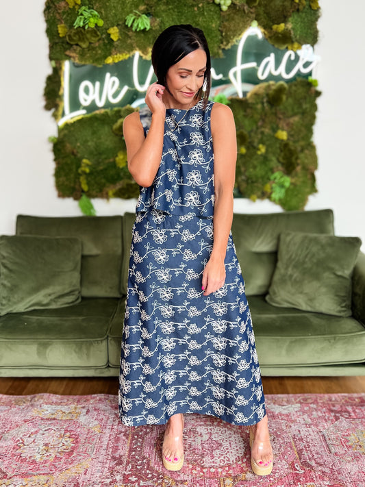 Indigo Embroidered Top & Skirt Set