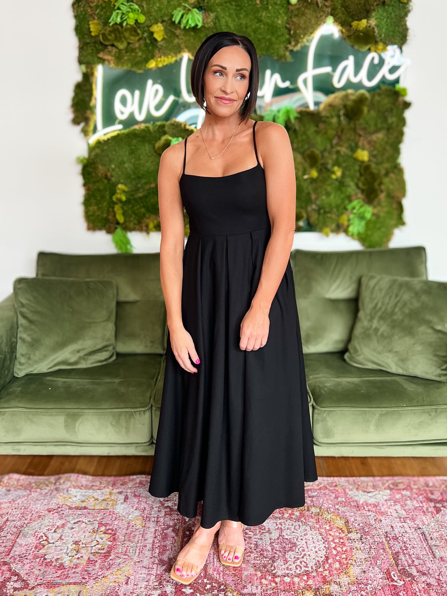 Black Linen Tie Back Flare Midi Dress