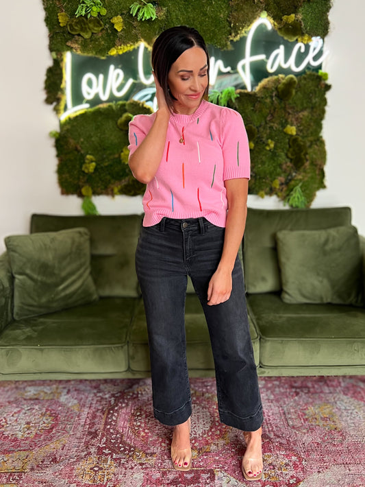 Pink Rainbow Ribbed Short Sleeve Sweater