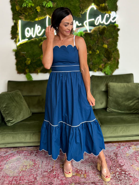 Navy/ White Scallop Detail Midi Dress