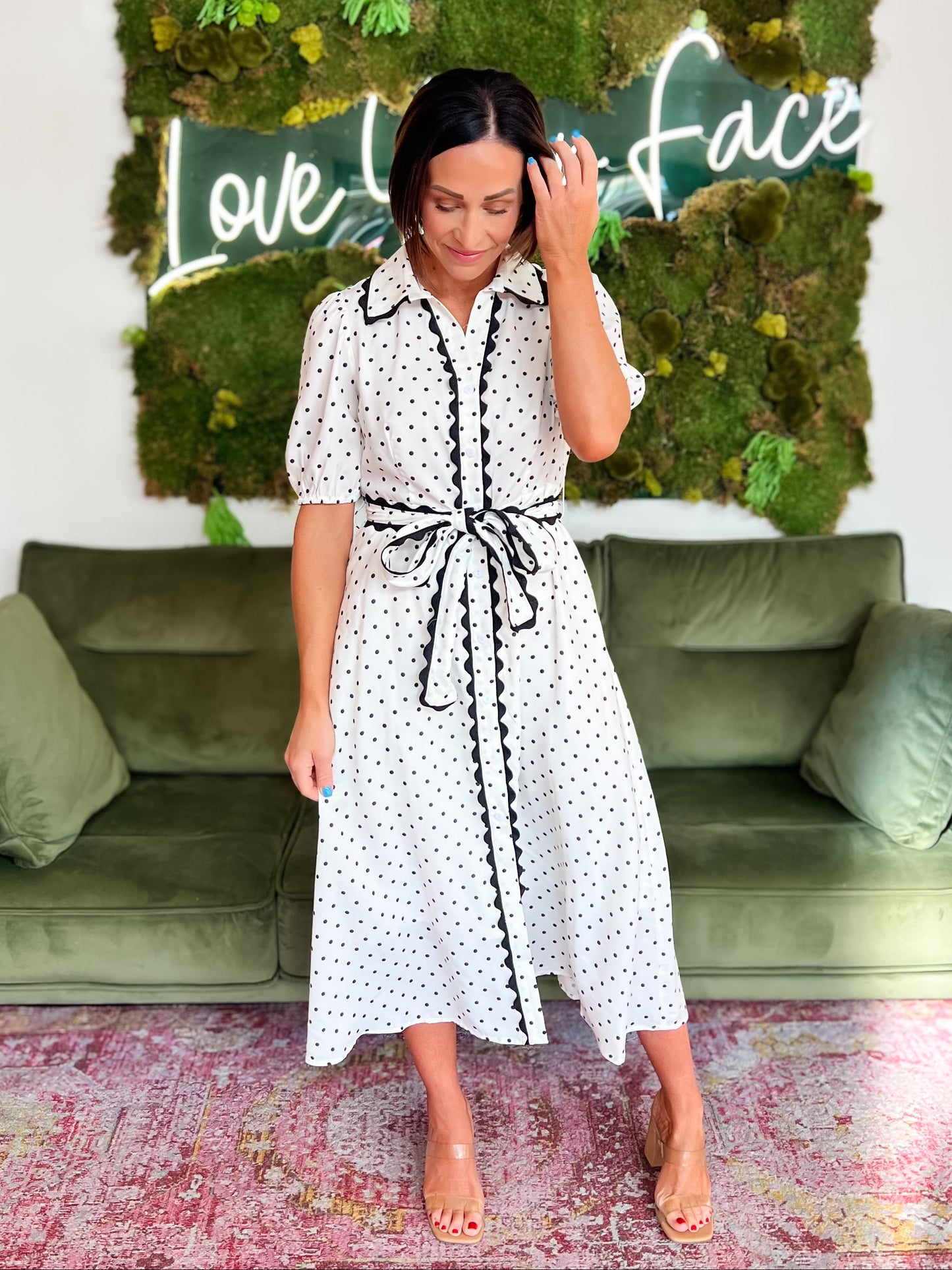 Cream/ Black Polka Dot Belted Midi Dress