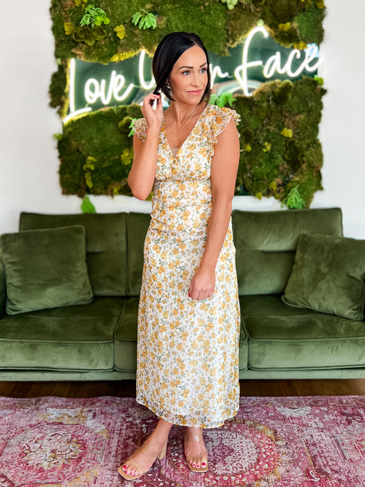 Ivory/ Yellow Floral Chiffon Midi Dress