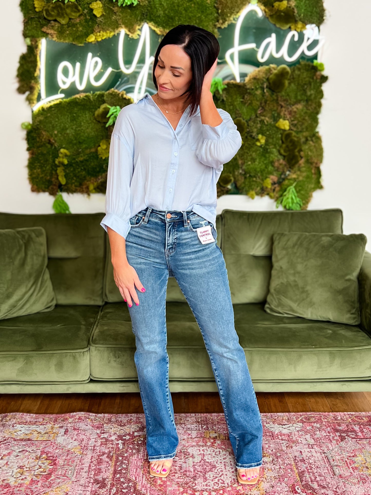 Blue Oversized 3/4 Sleeve Button Down Shirt