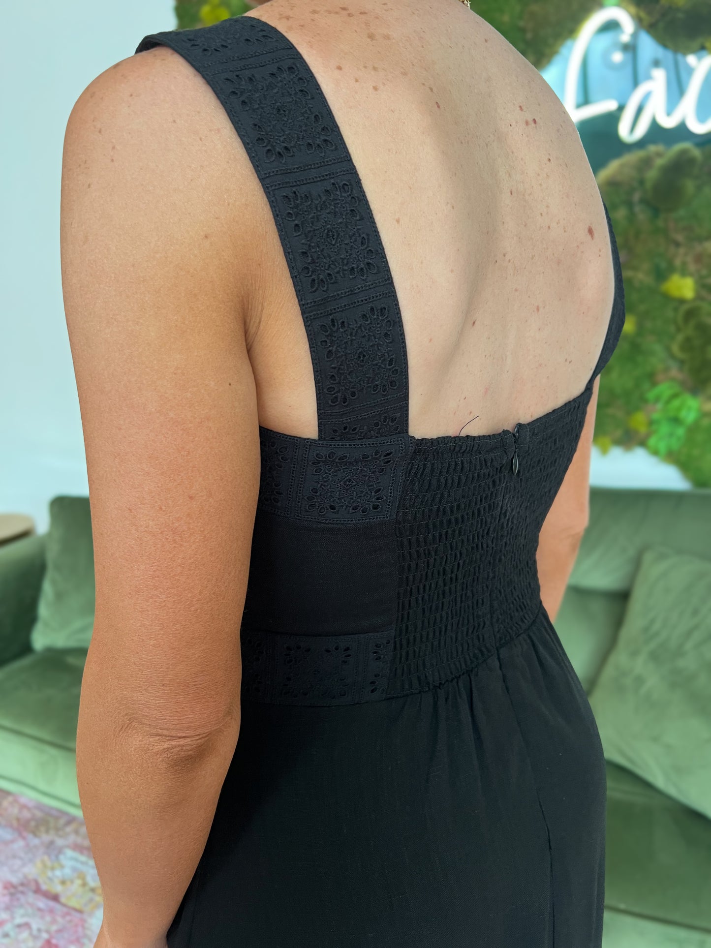 Embroidered Lace Empire Waist Linen Blend Midi Dress