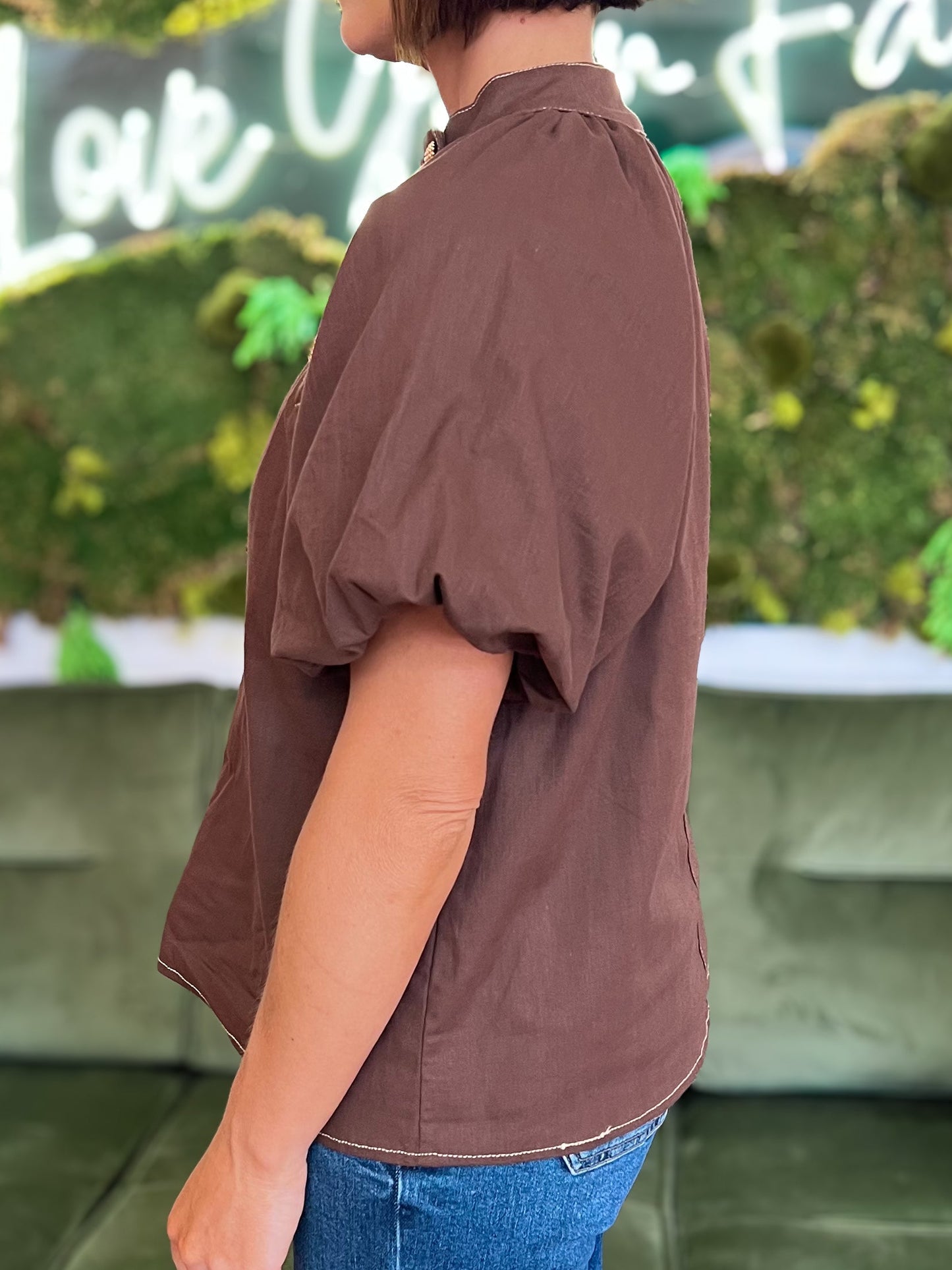 Brown Puff Sleeve Gold Toned Side Button Top