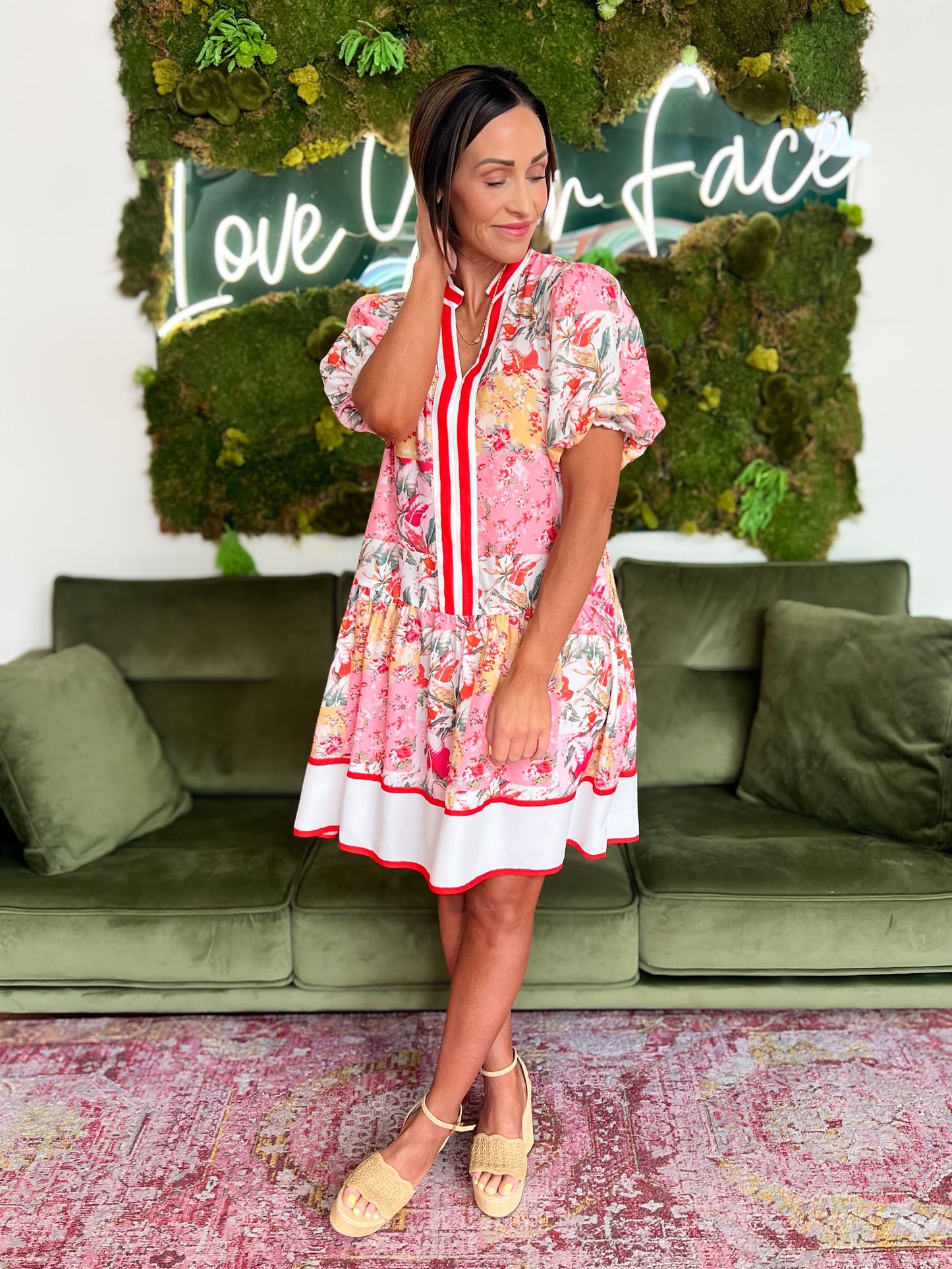 Pink/ Red Floral Print Mini Dress