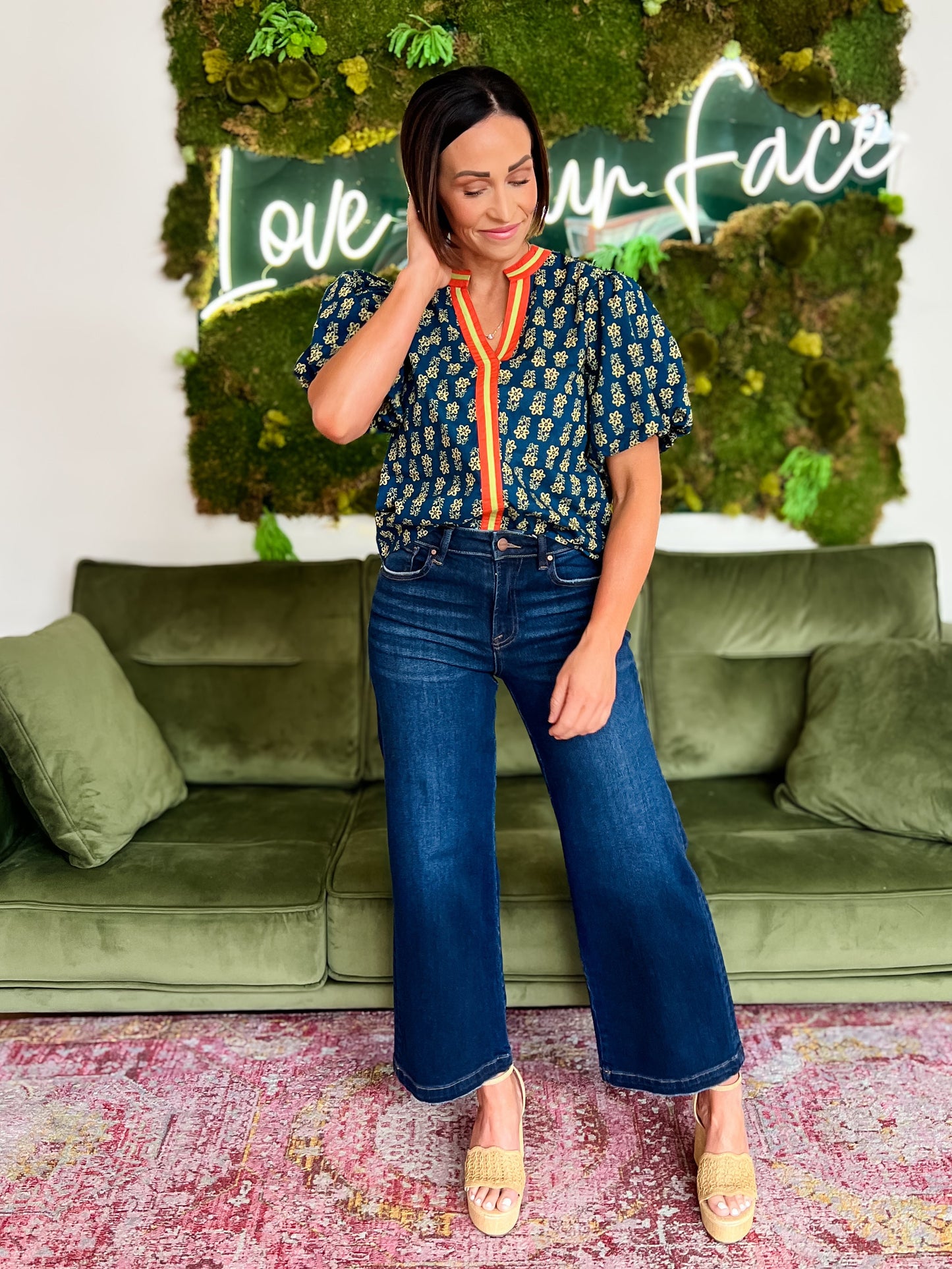 Navy Puff Sleeve Floral Detail Top