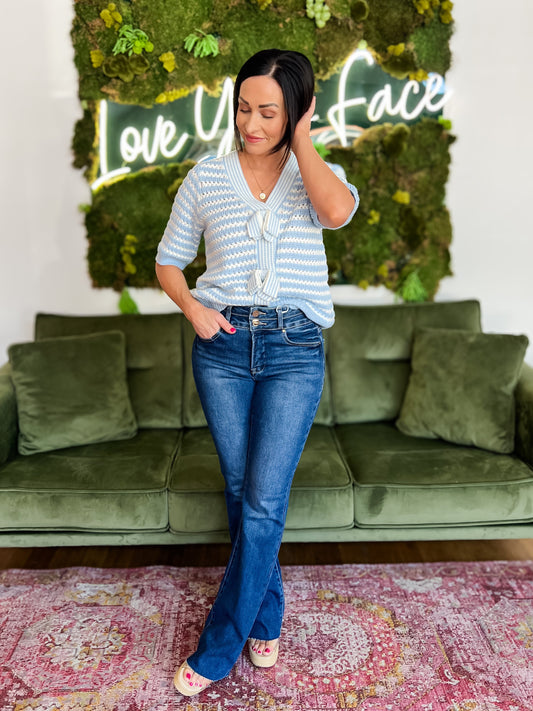 Blue/ White Striped Short Sleeve Bow Sweater