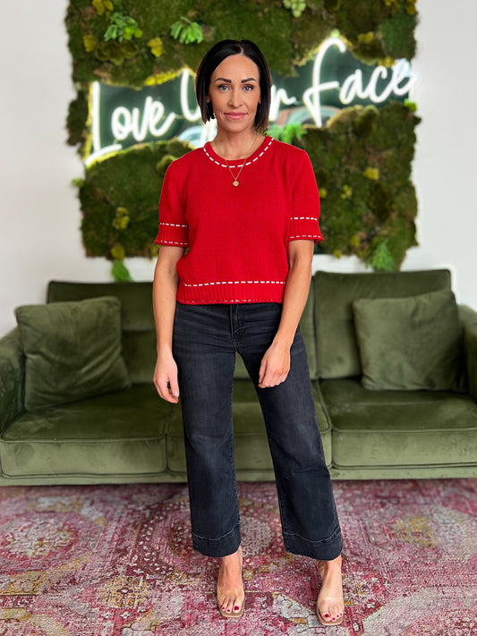 Red Short Sleeve Contrast Stitching Sweater