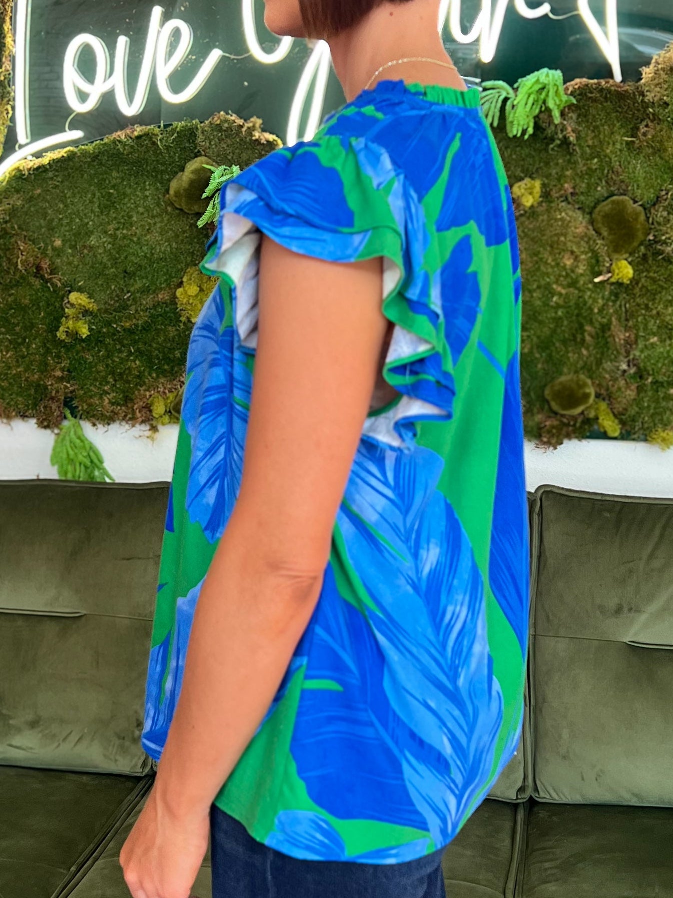 Green/ Blue Tropical Split Neck Top