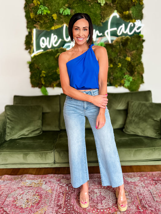 Capri Blue One Shoulder Knot Detail Top