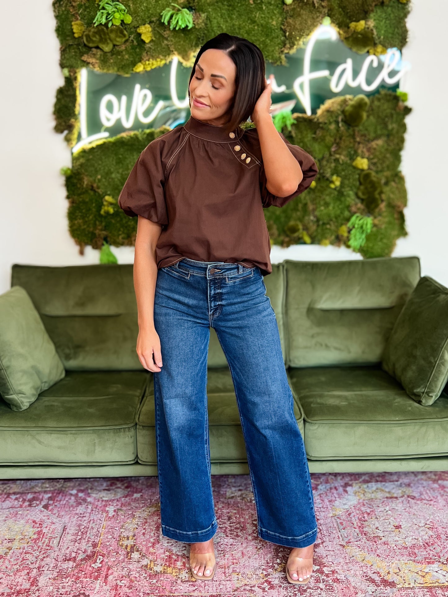 Brown Puff Sleeve Gold Toned Side Button Top