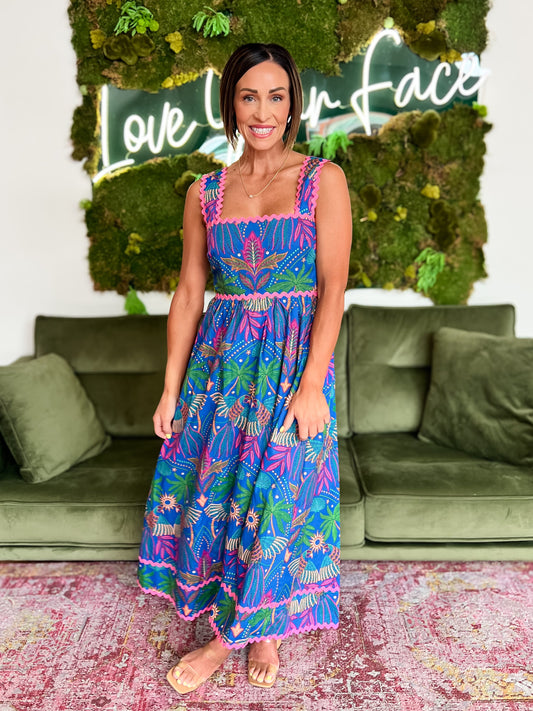 Blue Multi Tropical Print Midi Dress